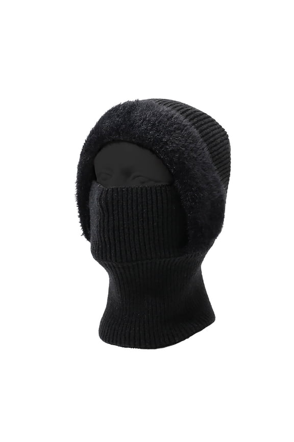 Unisex Winter Balaclava Hat, Fleece Lined Thermal Knit 3-in-1 Integrated Face Mask Neck Warmer, One Piece Hood for Skiing Hiking and Extreme Cold Weather - Black