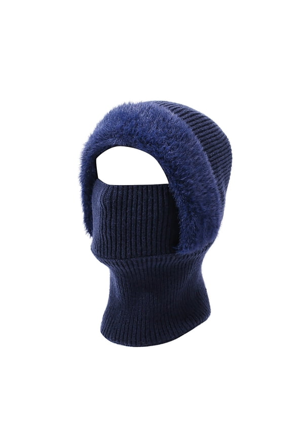 Unisex Winter Balaclava Hat, Fleece Lined Thermal Knit 3-in-1 Integrated Face Mask Neck Warmer, One Piece Hood for Skiing Hiking and Extreme Cold Weather - Navy
