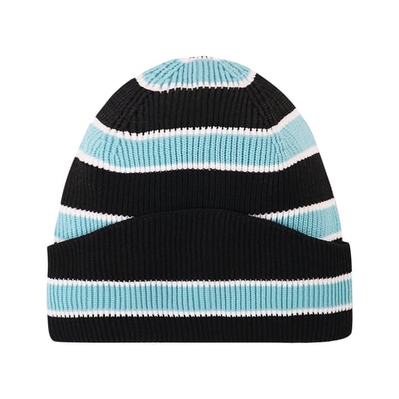Unisex Winter Beanie Color Block Hat Oversized Knitted Striped Cap Light Blue