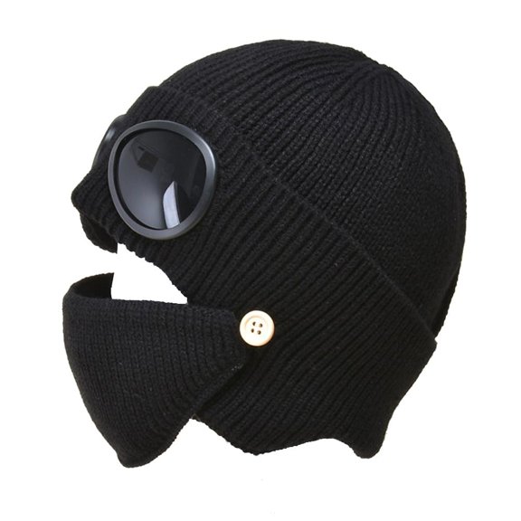 Unisex Winter Beanie Hat with Goggles and Detachable Face Mask, Thermal Knit Ski Beanie with Glasses for Cold Weather (US, Alpha, One Size, Standard, Khaki)