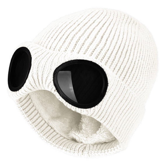 Unisex Winter Beanie Hat with Removable Goggles,Warm Knit Skull Cap,Wool Yarn Ski Hat for Men Women,Soft Stretchy Helmet Liner for Snowboarding,Cold Weather Cycling,Hiking,Camping White