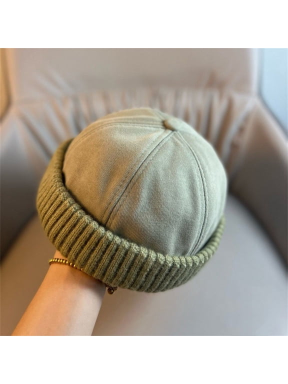 Unisex Winter Brimless Melon Fisherman Beanie, LSONABXA Thick Warm Knit Retro Docker Cap, Hidden Adjustable Strap Soft Anti-Pilling Headwear
