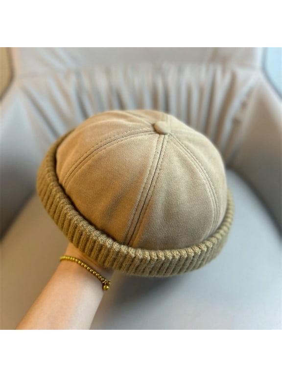 Unisex Winter Brimless Melon Fisherman Beanie, LSONABXA Thick Warm Knit Retro Docker Cap, Hidden Adjustable Strap Soft Anti-Pilling Headwear