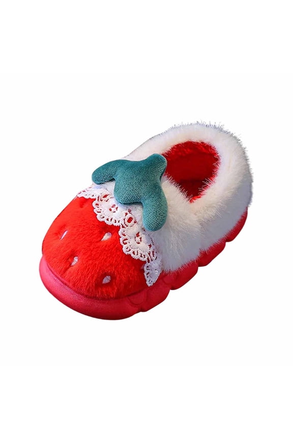 Unisex Winter Cozy Slippers For Girls Cartoon Fruit Design Slip Resistant Warm Indoor Bedroom Shoes Comfort For Children At Home Soft Fabric Red