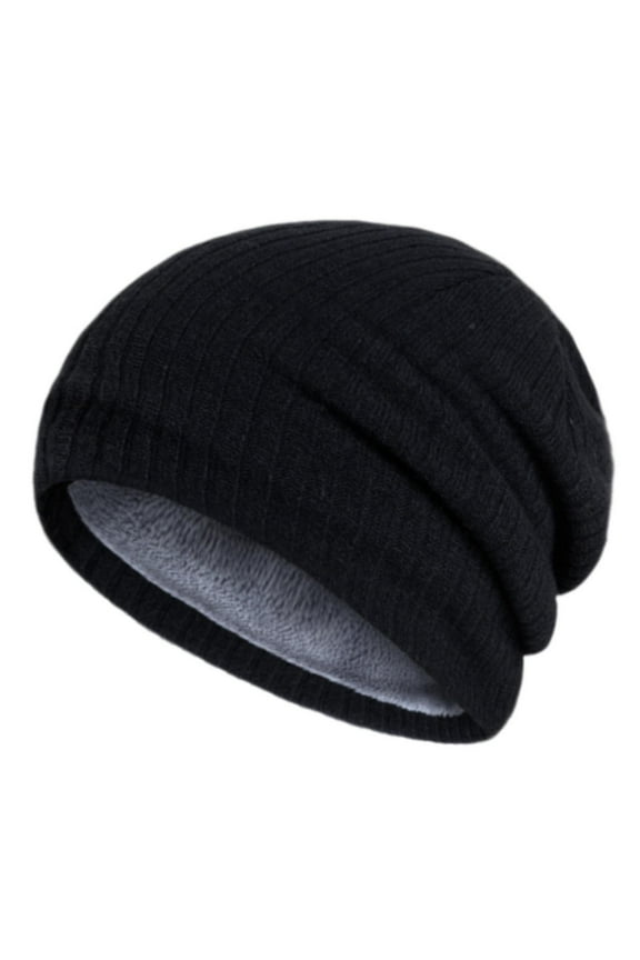 Unisex Winter Fleece Lined Knit Beanie, Soft Thermal Slouchy Hat with Ribbed Texture, Warm Plush Inner Lining for Cold Weather, Stretchable One Size Fits Most Cuffed Winter Cap for Daily Wear Black