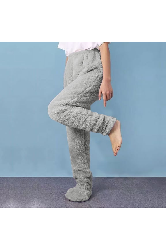 Unisex Winter Fleece Lined Sleep Pants, Thermal Long Johns with Attached Socks, Footed Warm Pajama Pants, Cold Weather Base Layer, Cozy Thermal Leggings, Plush Loungewear Pants - Grey