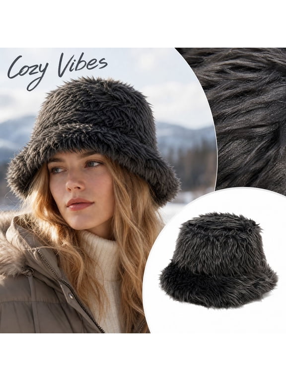 Unisex Winter Fluffy Faux Fur Bucket Hat Thick Warm Plush Fisherman Cap Outdoor Ear Protection Hat