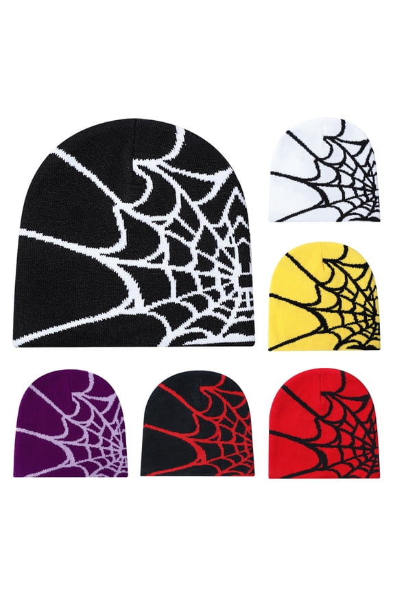 Unisex Winter Hat Spider Web Jacquard Knitted Dome Elastic Contrast Color Brimless Cold Weather Cap Cosplay Club Party Headwear
