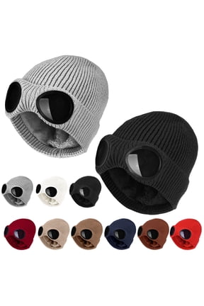 Unisex Winter Knit Beanie with In Goggles Fleece Lined Windproof Warm Sports Hat 2 Pack