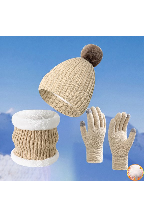 Unisex Winter Knit Set, Fleece Lined Cuffed Beanie, Matching Scarf & Gloves, 3-Piece Thickened Winter Set, Warm Cold Weather Accessories Beige