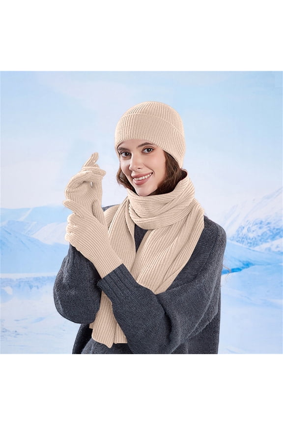 Unisex Winter Knit Set, Fleece Lined Cuffed Beanie, Matching Scarf & Gloves, 3-Piece Thickened Winter Set, Warm Cold Weather Accessories Beige