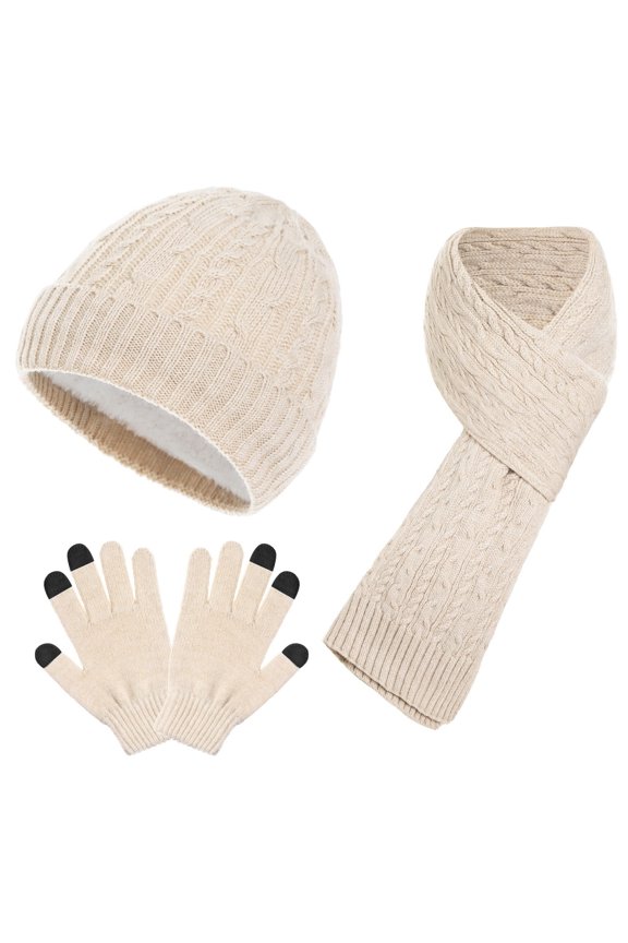 Unisex Winter Knit Set, Fleece Lined Cuffed Beanie, Matching Scarf & Gloves, 3-Piece Thickened Winter Set, Warm Cold Weather Accessories Beige