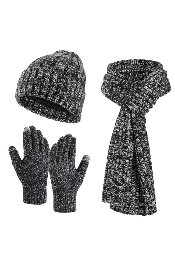Unisex Winter Knit Set, Fleece Lined Cuffed Beanie, Matching Scarf & Gloves, 3-Piece Thickened Winter Set, Warm Cold Weather Accessories Black