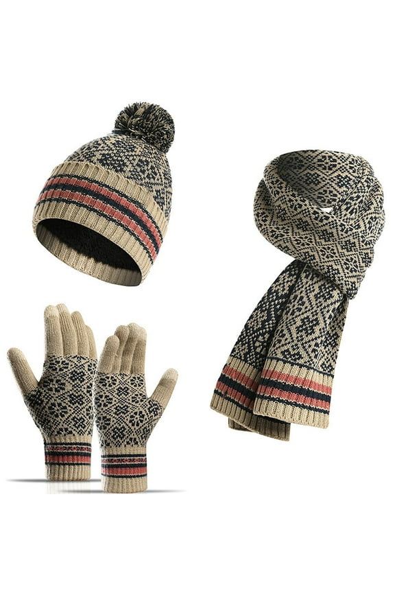 Unisex Winter Knit Set, Fleece Lined Cuffed Beanie, Matching Scarf & Gloves, 3-Piece Thickened Winter Set, Warm Cold Weather Accessories Khaki