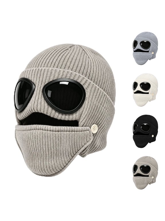 Unisex Winter Knit Ski Hat with Built-in Goggles & Detachable Face Flap, Windproof Fleece Lined Aviator Beanie, Cold Weather Outdoor Cap for Skiing Cycling Commuting Men Women Khaki