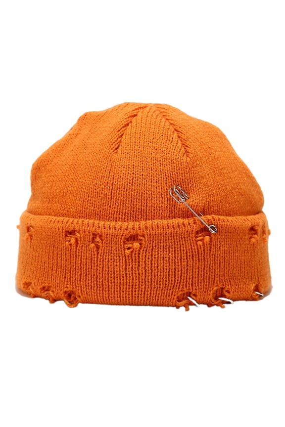 Unisex Winter Knitted Beanie Hat with Pins O-Ring Vintage Distressed Hole Solid Color Hip Hop Stretch Cuffed Skull Cap