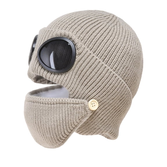 Unisex Winter Knitted Hat with Flip-Up Goggles, Warm Thermal Face Cover for Skiing Cycling and Outdoor Sports, Khaki, One Size