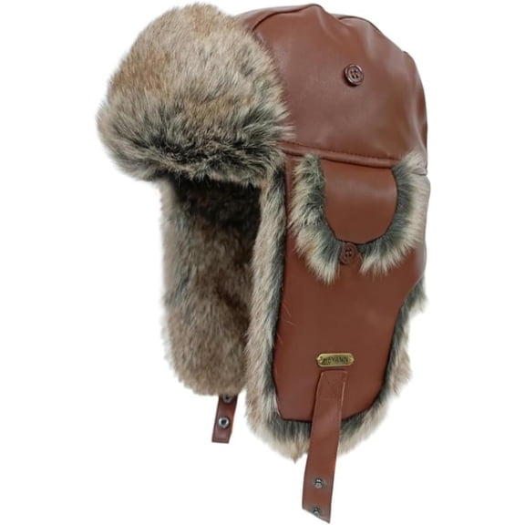 Unisex Winter Leather Trapper Hat Faux Fur,Windproof Pilot Cap Ushanka Russian Hats for Men Women