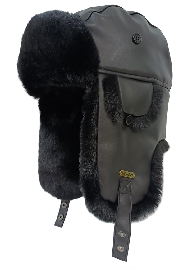Unisex Winter Leather Trapper Hat Faux Fur,Windproof Pilot Cap Ushanka Russian Hats for Men Women