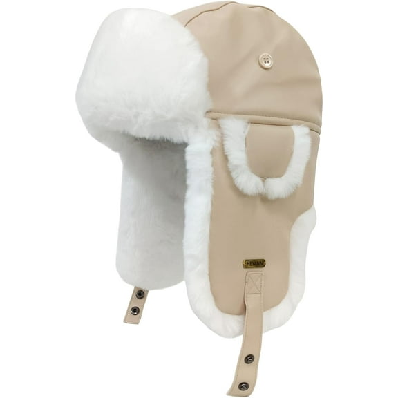 Unisex Winter Leather Trapper Hat Faux Fur,Windproof Pilot Cap Ushanka Russian Hats for Men Women