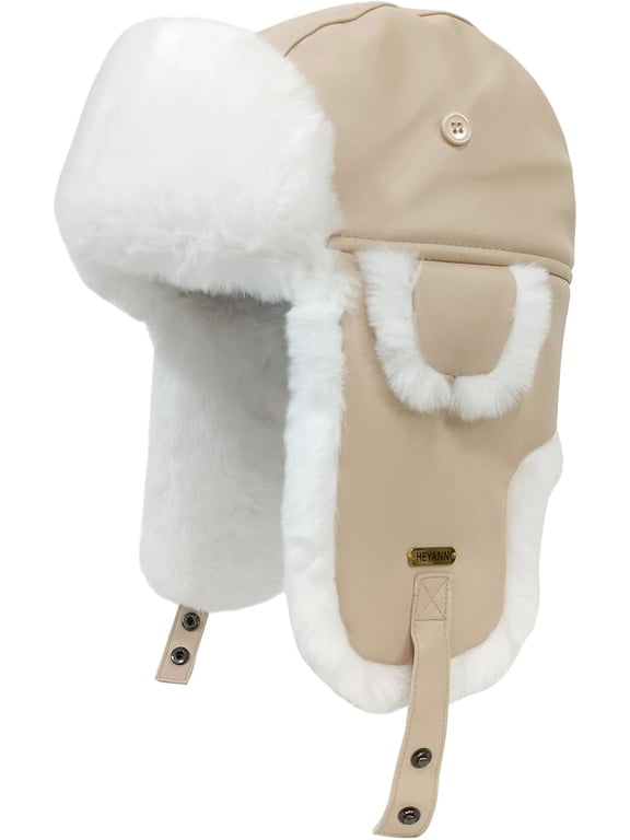 Unisex Winter Leather Trapper Hat Faux Fur,Windproof Pilot Cap Ushanka Russian Hats for Men Women