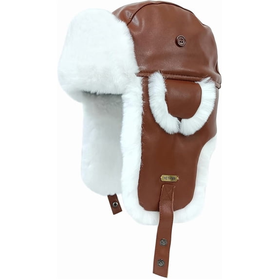 Unisex Winter Leather Trapper Hat Faux Fur,Windproof Pilot Cap Ushanka Russian Hats for Men Women