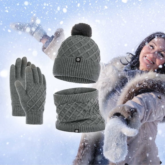 Unisex Winter Pom Pom Beanie Set, Fleece Lined Cuffed Hat, Plush Neck Warmer, Knit Gloves, 3-Piece Cold Weather Gift Set, Matching Accessories Gray2