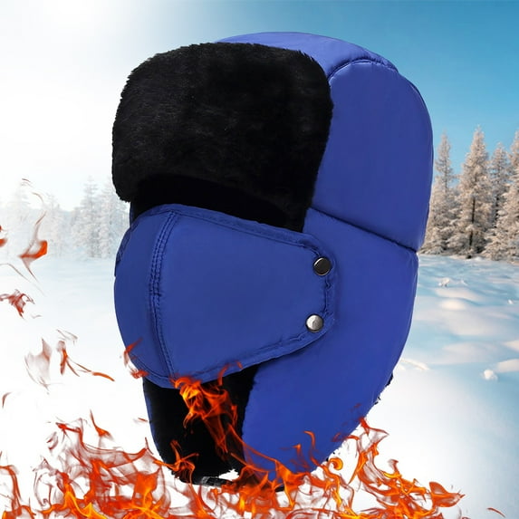 Unisex Winter Riding Hat with Removable Face Mask, Thicken Fleece Lined Windproof Neck Warmer for Outdoor Activities, Motorcycle and Cycling in Cold Weather - Blue