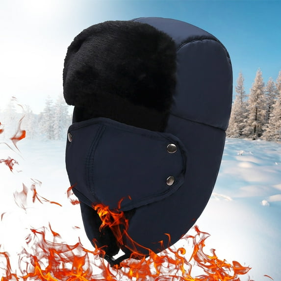 Unisex Winter Riding Hat with Removable Face Mask, Thicken Fleece Lined Windproof Neck Warmer for Outdoor Activities, Motorcycle and Cycling in Cold Weather - Navy