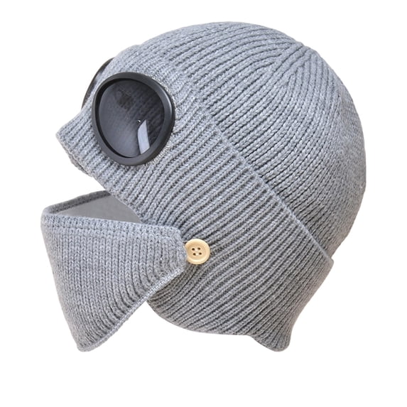 Unisex Winter Ski Beanie Hat with Goggles,Knitted Winter Balaclava for Cycling Skiing, Outdoor Knit Beanie Hat Cold Weather Windproof Face Cover with Flip-Up Visor(Grey)