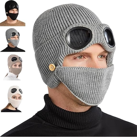 Unisex Winter Ski Beanie Hat, Winter Warm Hat with Flip-Up Goggles and Detachable Mask for Skiing and Outdoor Activities
