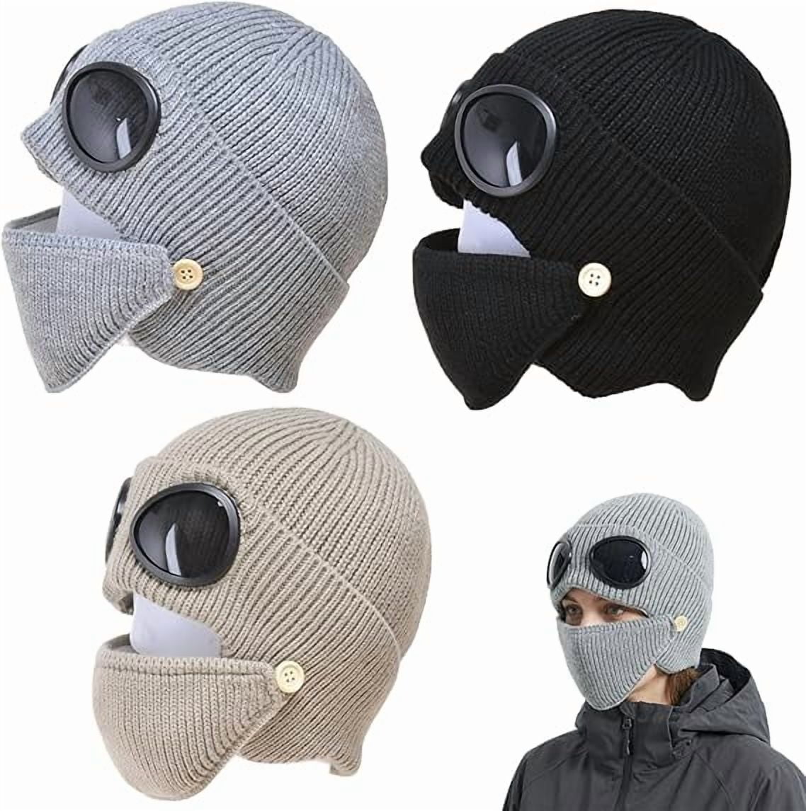 Unisex Winter Ski Beanie Hat with Goggles and Detachable Mask, 3-in-1 Unisex Knitted Goggles Beanie(3pcs-b)