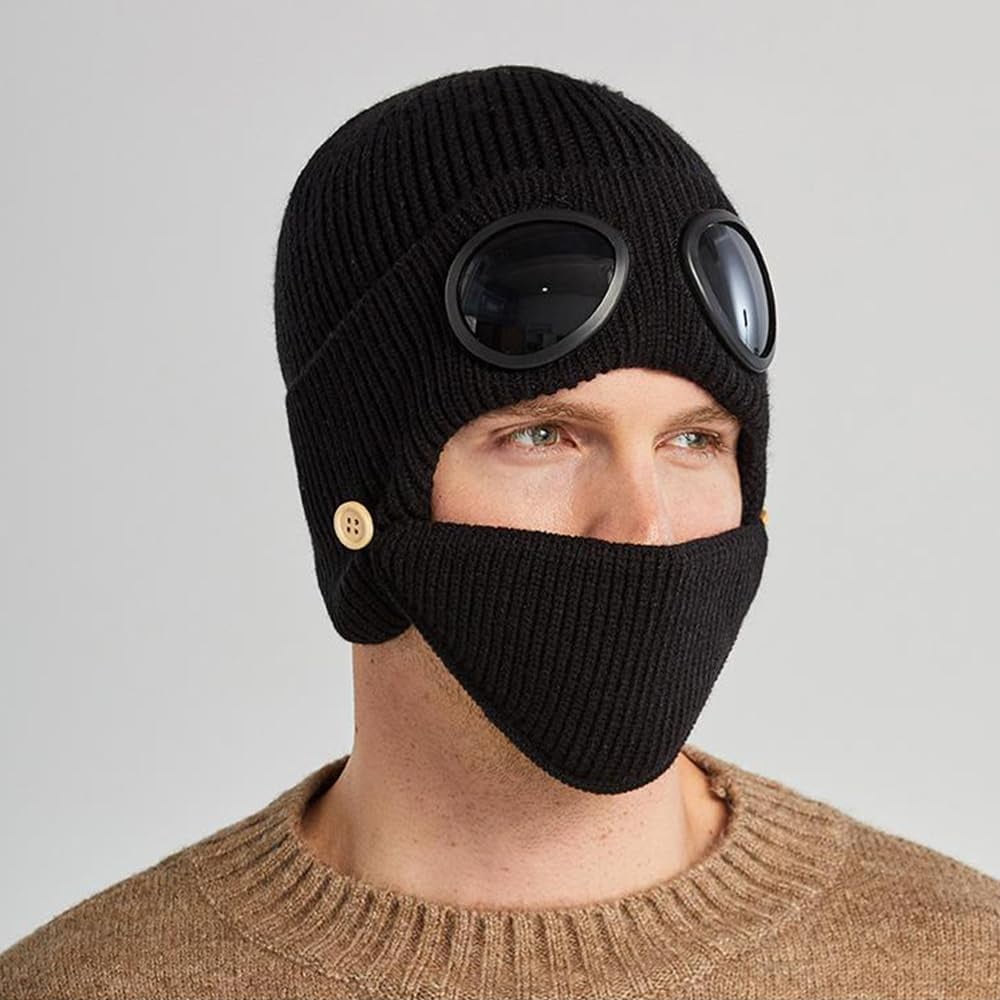 Unisex Winter Ski Beanie Hat with Goggles and Detachable Mask, 3-in-1 Unisex Knitted Goggles Beanie, Ski Mask with Goggles