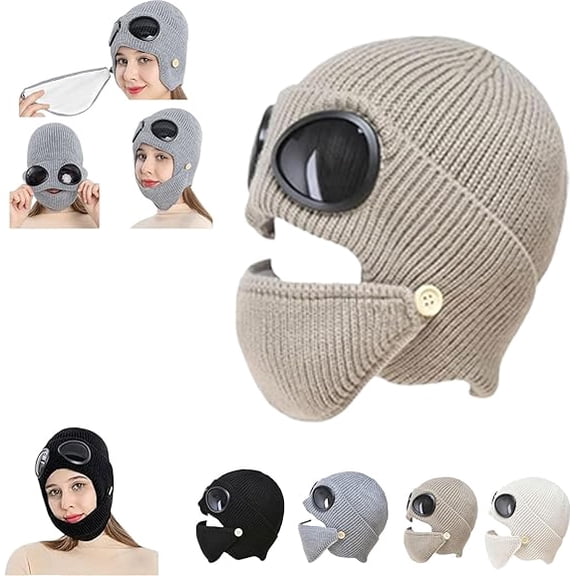 Unisex Winter Ski Beanie Hat with Goggles and Detachable Mask, 3-in-1 Unisex Knitted Goggles Beanie(d)