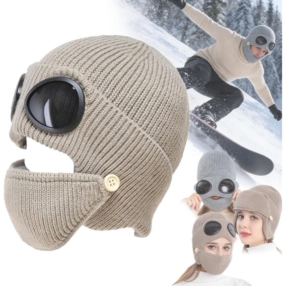 Unisex Winter Ski Beanie Hat with Goggles and Detachable Mask, 3-in-1 Warm Knitted Balaclava Cap Windproof Full Cover