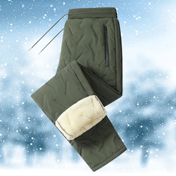 Unisex Winter Thermal Pants, Water Resistant Cotton Blend Trousers, Thick Fleece Lined Sweatpants, Drawstring Waist Joggers, Zippered Pocket Pants, Casual Straight Leg Bottoms Green