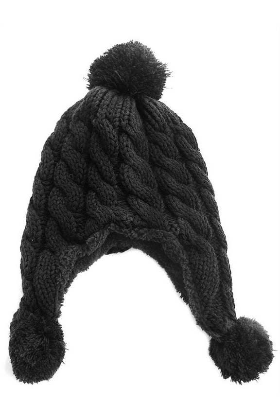 Unisex Winter Thick Cable Knit Soft Pom Pom Beanie Cap - Black
