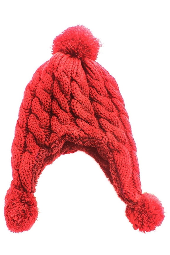 Unisex Winter Thick Cable Knit Soft Pom Pom Beanie Cap - Red