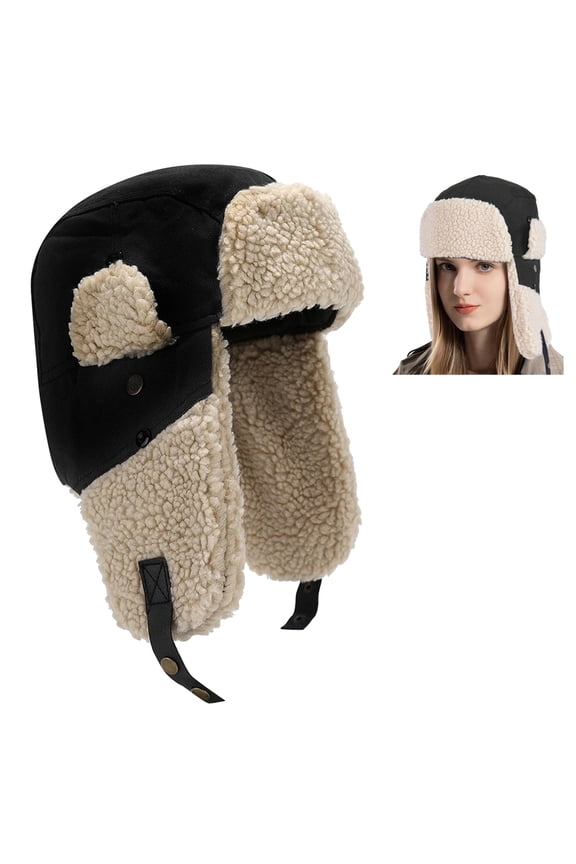 Trapper Hat with Ear Flaps for Men Women, Outdoor Warm Winter Hat Aviator Windproof Ski Cap, Black