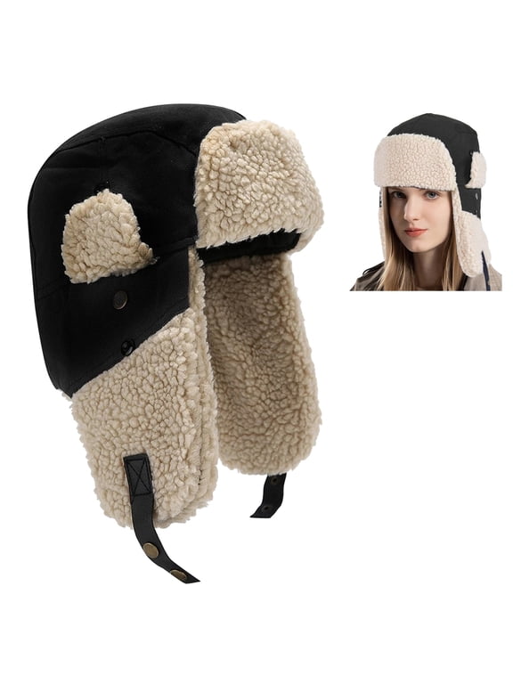 Trapper Hat with Ear Flaps for Men Women, Outdoor Warm Winter Hat Aviator Windproof Ski Cap, Black