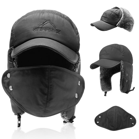 Unisex Winter Trooper Hat, iClover Russian Trapper Hat Hunting Hat Ushanka Ear Flap Chin Strap with Windproof Mask--Keep Warm in Cold Weather-Gray