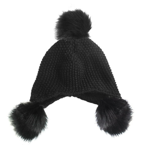 Unisex Winter Warm Knit Soft Faux Fur Pom Pom Beanie Cap - Black/Black