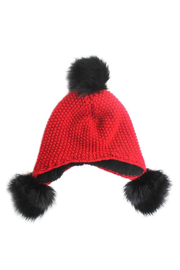 Unisex Winter Warm Knit Soft Faux Fur Pom Pom Beanie Cap - Red/Black