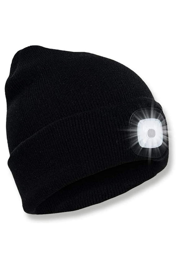 Unisex Winter Warm Knitted Beanie Hat USB Rechargeable 4 LED Headlamp Cap with LED Flashlight for Men Women Outdoor Sports (Black)