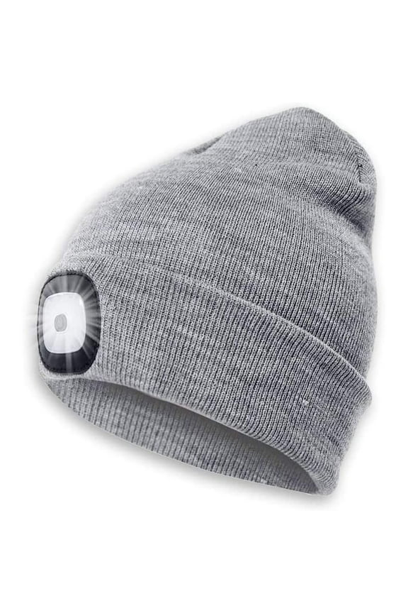 Unisex Winter Warm Knitted Beanie Hat USB Rechargeable 4 LED Headlamp Cap with LED Flashlight for Men Women Outdoor Sports (Light Grey)