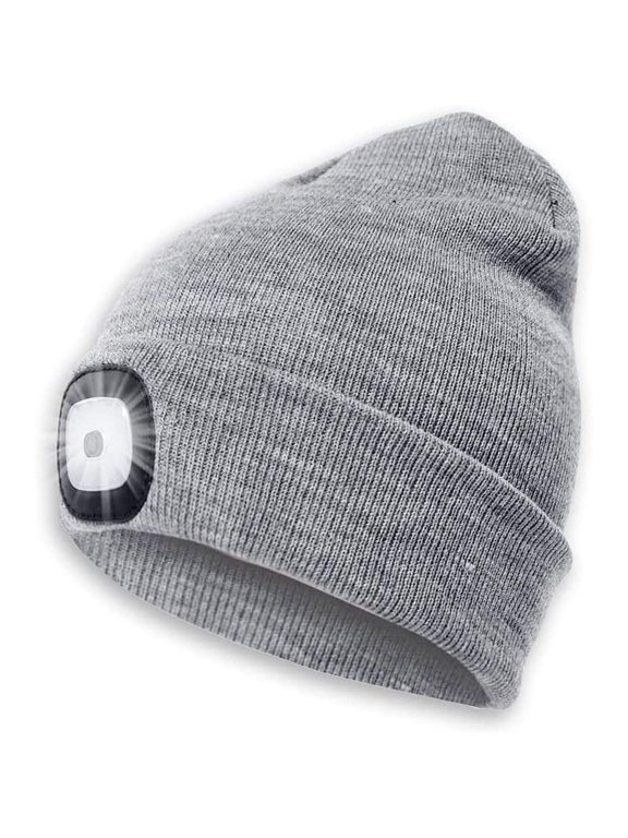 Unisex Winter Warm Knitted Beanie Hat USB Rechargeable 4 LED Headlamp Cap with LED Flashlight for Men Women Outdoor Sports (Light Grey)