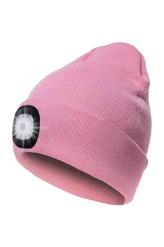 Unisex Winter Warm Knitted Beanie Hat USB Rechargeable 4 LED Headlamp Cap with LED Flashlight for Men Women Outdoor Sports (Pink)