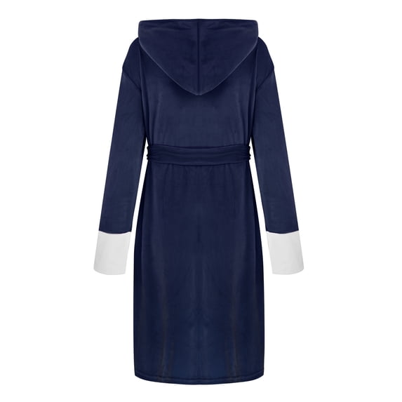 Unisex Winter Women Lengthened Plush Shawl Bathrobe Long Sleeve Robe Hooded Coat On Navy 8(L)