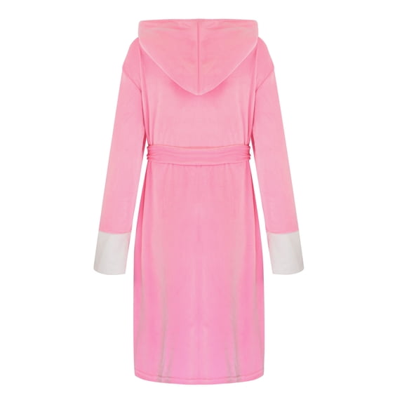 Unisex Winter Women Lengthened Plush Shawl Bathrobe Long Sleeve Robe Hooded Coat On Pink 4(S)