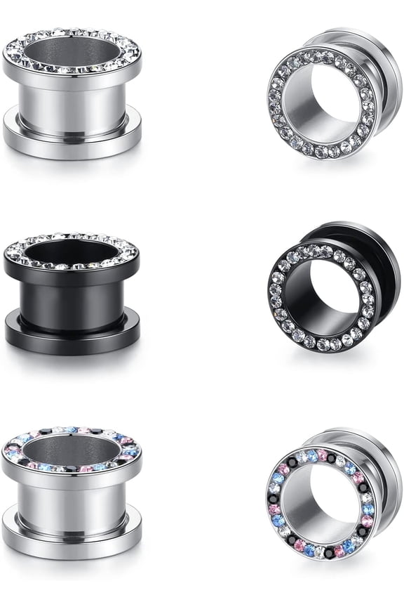 Unisex Women and Men 2pcs Hollow Gold/Sliver/Black Color Stainless Steel with Zircon Screw Ear Plugs Tunnels - Ear Expander Ear Gauges Stretcher Body Piercing Jewelry 8g-5/8